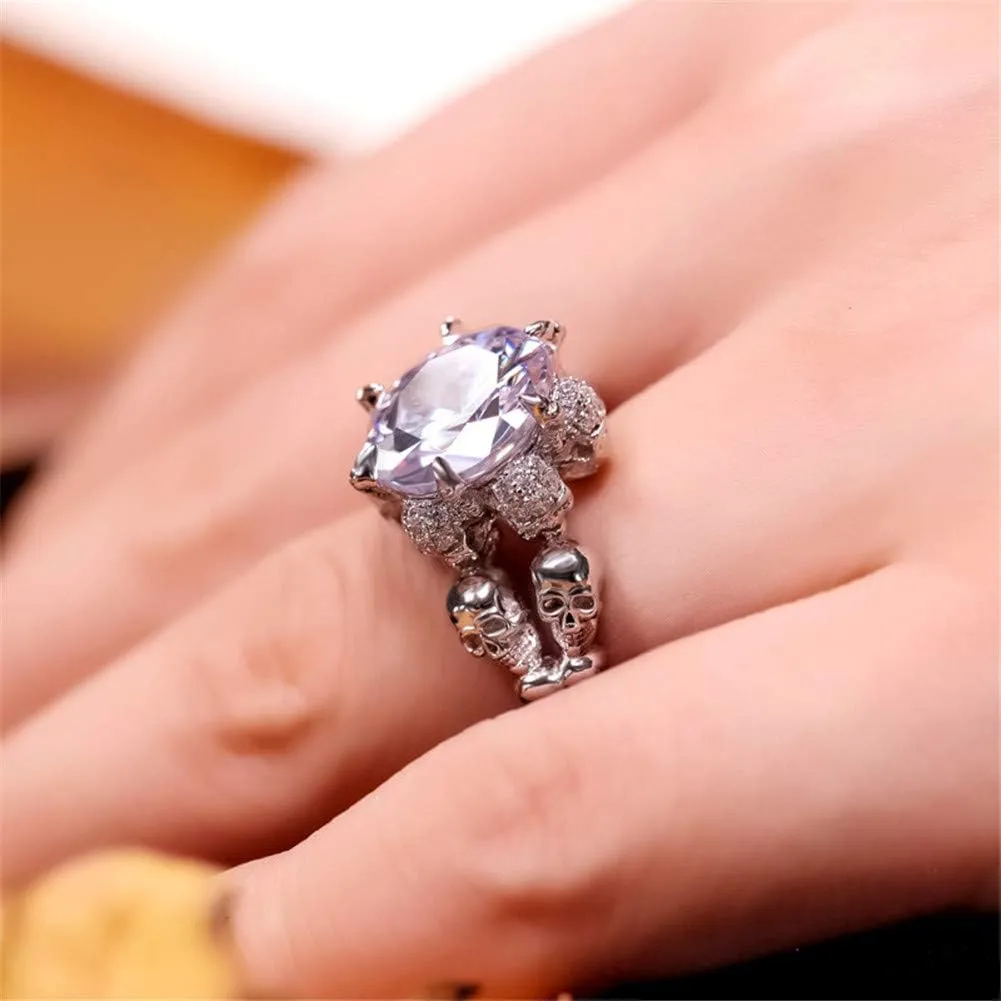 Jeulia 8.4 Carat Round Cut Diamond Skull Rings for Women Bride 925 Sterling Silver Wedding Band Cubic Zirconia Solitaire Engagement Rings Anniversary Promise with Jewelry Gift Box