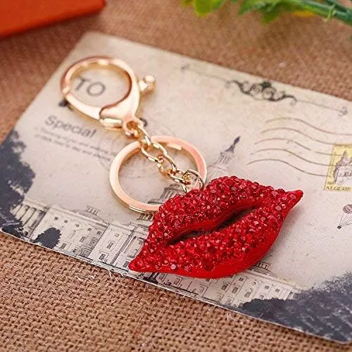 JewelBeauty Big Kiss Lips Keychain Purse Charm Bling Crystal Key Ring Bag Charm Red Keyring Gift Pouch included (Gold keyring)