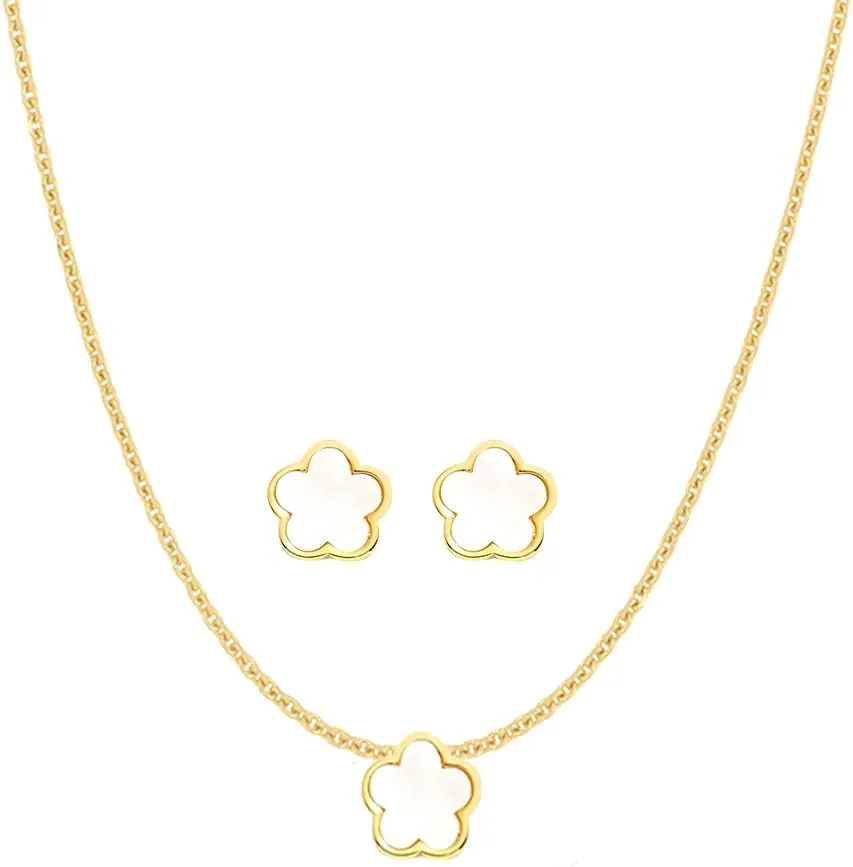 Jewelry Hypoallergenic 18K Double Layer Gold-Plated Stainless- Elegant Floral Design Five leaf clover Necklace and Earring Set-for Women, Fine Polish, Smooth Surface, and Durable PVD Plating.