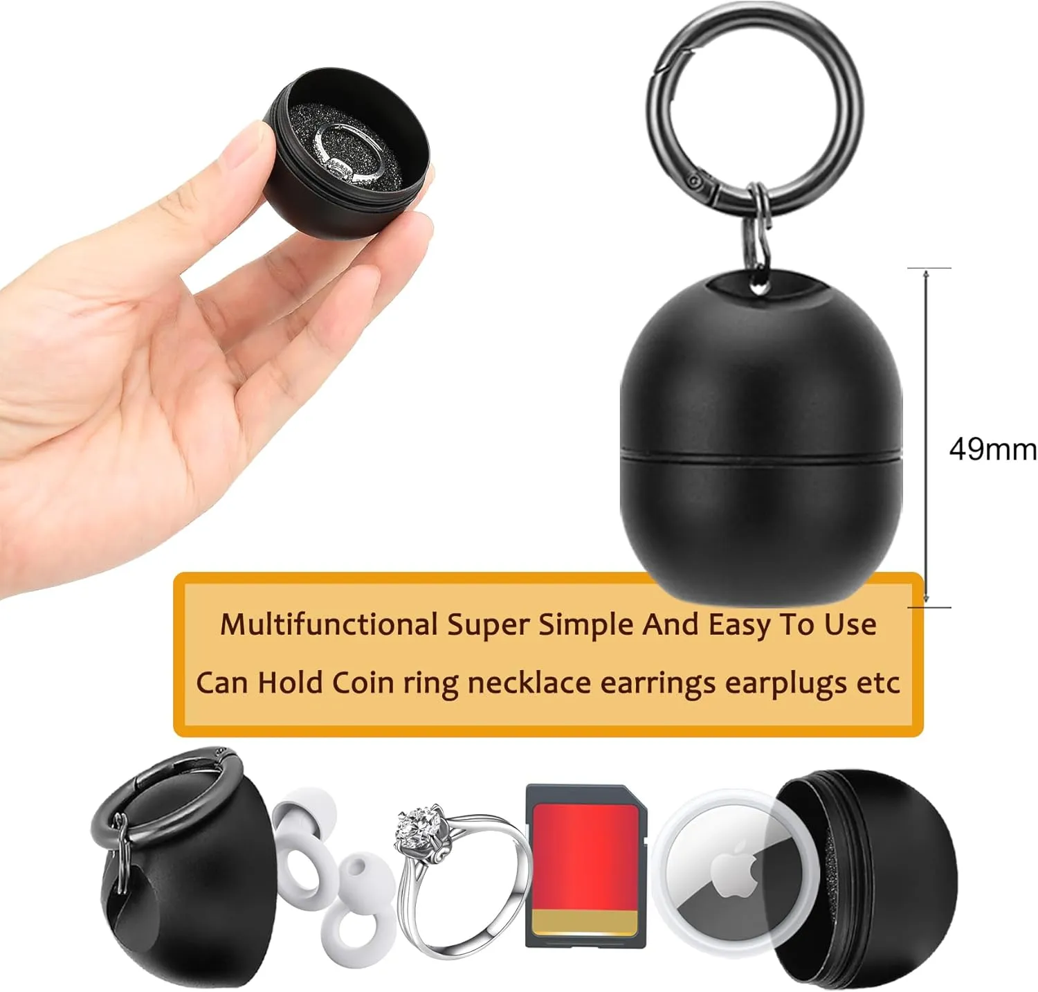 Jewelry Storage Box Case Gym Storage Jewelry Storage Box Case, Ring Organizer Container with Protective Sponge,Jewelry Care Protective Box Sports Portable Ring Holder with Keychain (1-Tier Black)