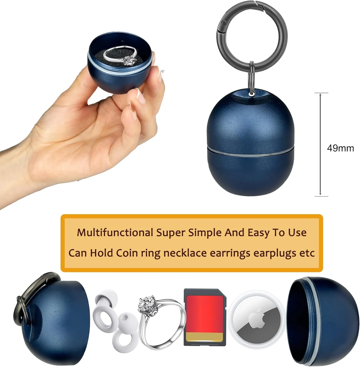 Jewelry Storage Box Case Gym Storage Jewelry Storage Box Case, Ring Organizer Container with Protective Sponge,Jewelry Care Protective Ring Holder with Keychain (1-Tier Blue)