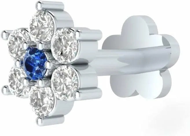 Jewelsfaction 0.08 Ct Round Cut Created Blue Sapphire & Simulated Diamond 925 Sterling Silver 14K White Gold Plated Flower Nose Piercing Ring Stud Screw Pin for Women's