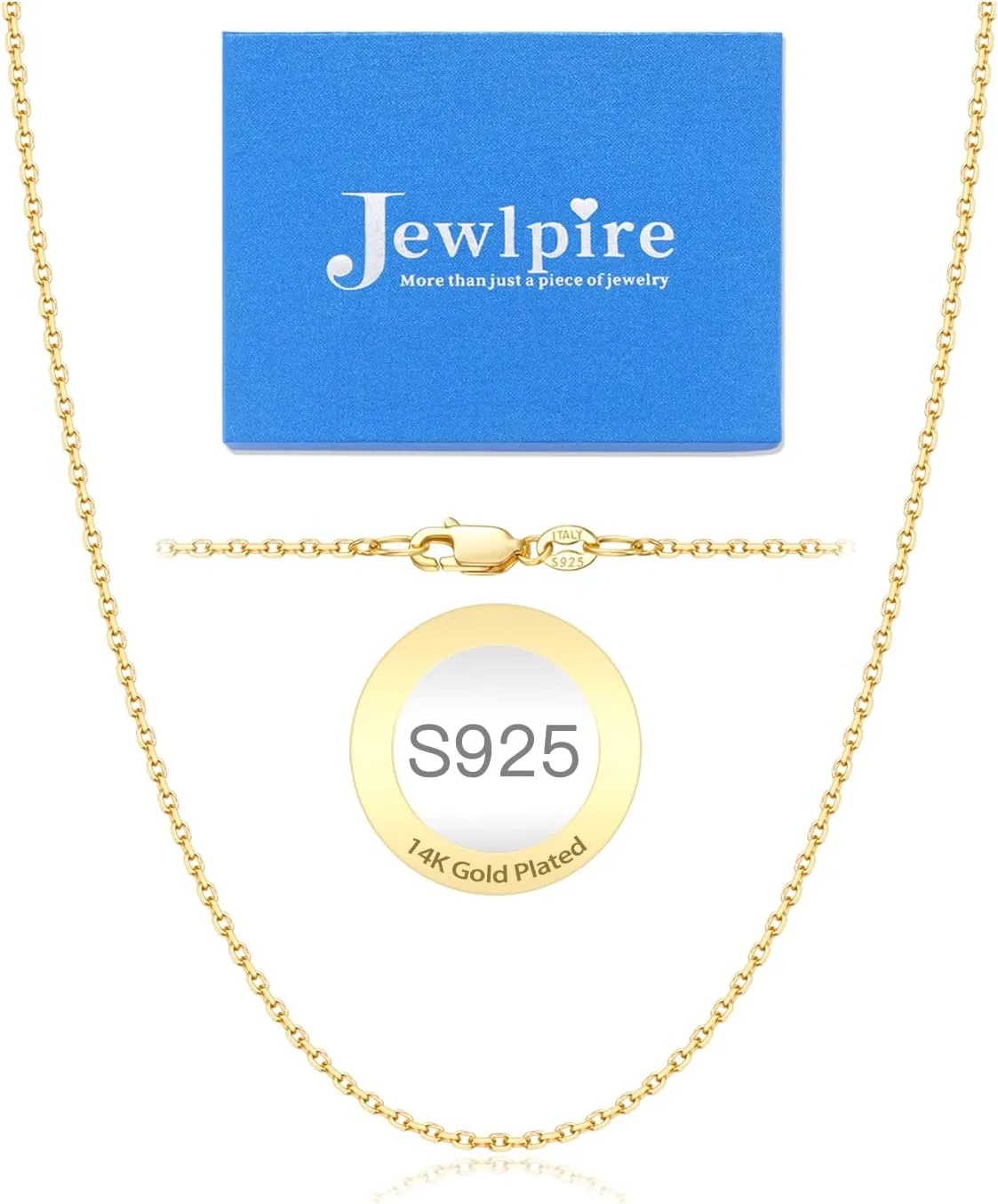 Jewlpire Italian 14K Real Gold Over 925 Sterling Silver Chain Necklace for Women, 1.1mm 1.3mm Cable Chain Necklace Hypoallergenic & Comfortable Women's Chain Necklaces 14 16 18 20 22 24 26 Inch