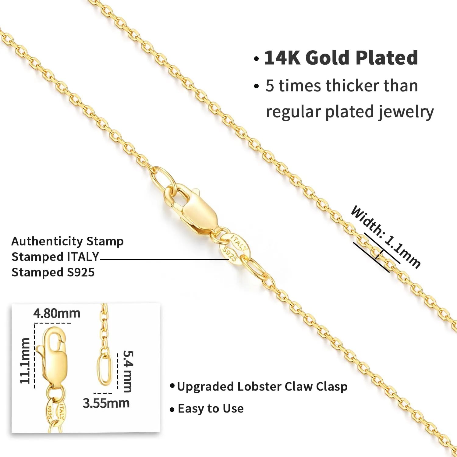 Jewlpire Italian 14K Real Gold Over 925 Sterling Silver Chain Necklace for Women, 1.1mm 1.3mm Cable Chain Necklace Hypoallergenic & Comfortable Women's Chain Necklaces 14 16 18 20 22 24 26 Inch