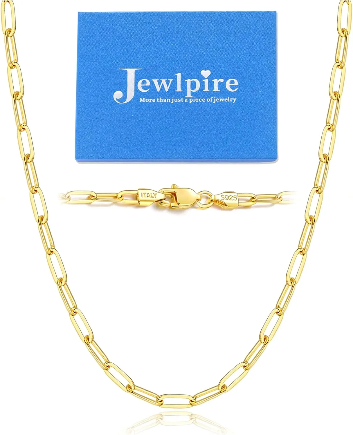Jewlpire Italian Soild 14K Real Gold Over 925 Sterling Silver Paperclip Chain Necklace for Women, Hypoallergenic & Comfortable Women's Chain Necklaces 16/18/20/22/24/26 Inch