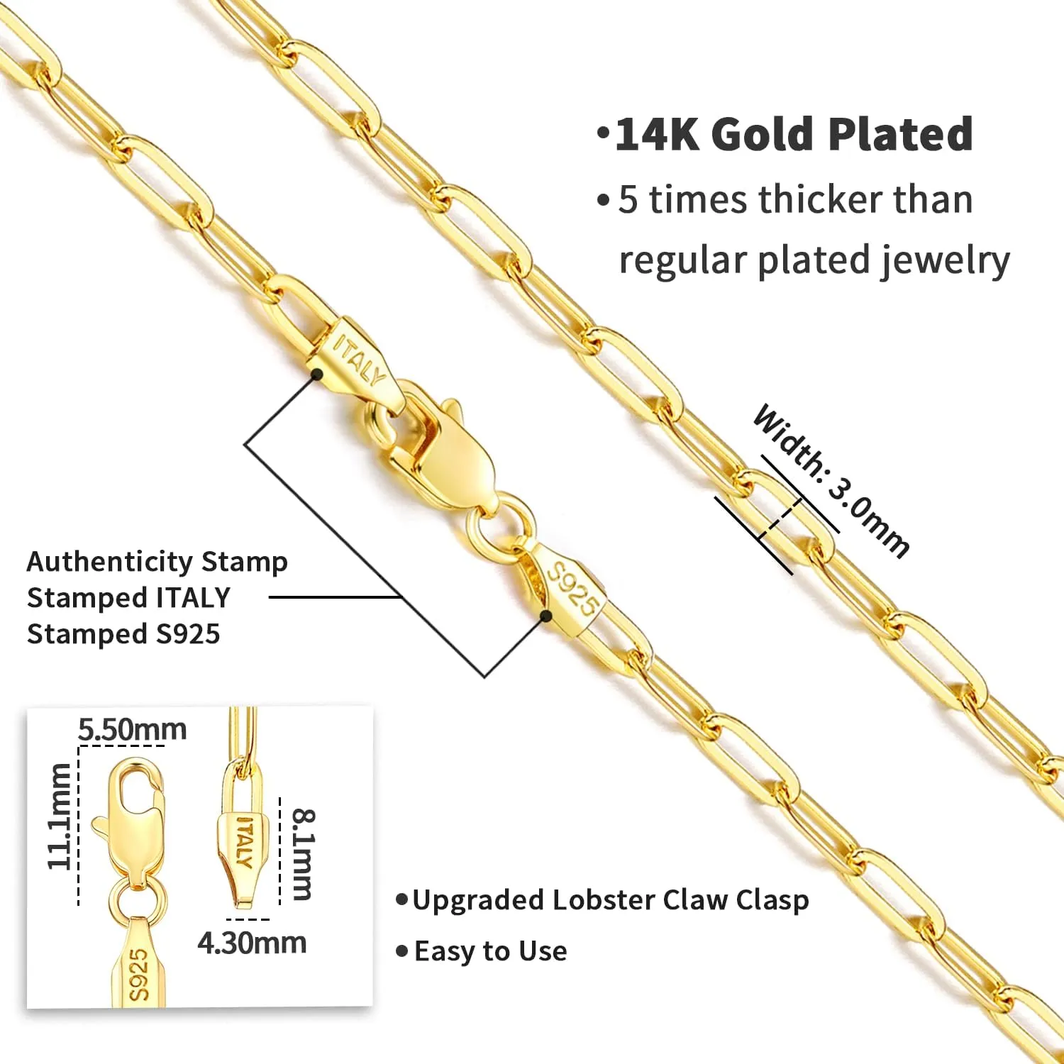 Jewlpire Italian Soild 14K Real Gold Over 925 Sterling Silver Paperclip Chain Necklace for Women, Hypoallergenic & Comfortable Women's Chain Necklaces 16/18/20/22/24/26 Inch
