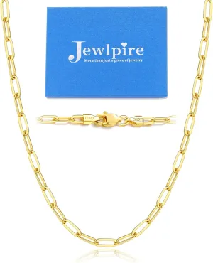 Jewlpire Italian Soild 14K Real Gold Over 925 Sterling Silver Paperclip Chain Necklace for Women, Hypoallergenic & Comfortable Women's Chain Necklaces 16/18/20/22/24/26 Inch