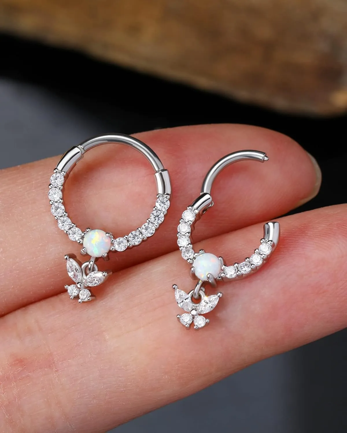 Jewseen 16G Dangle Septum Rings Butterfly Septum Jewelry CZ Septum Piercing Jewelry Opal Hinged Segment Ring Daith Piercing Jewelry Cartilage Helix Conch Piercing Jewelry for Women Men