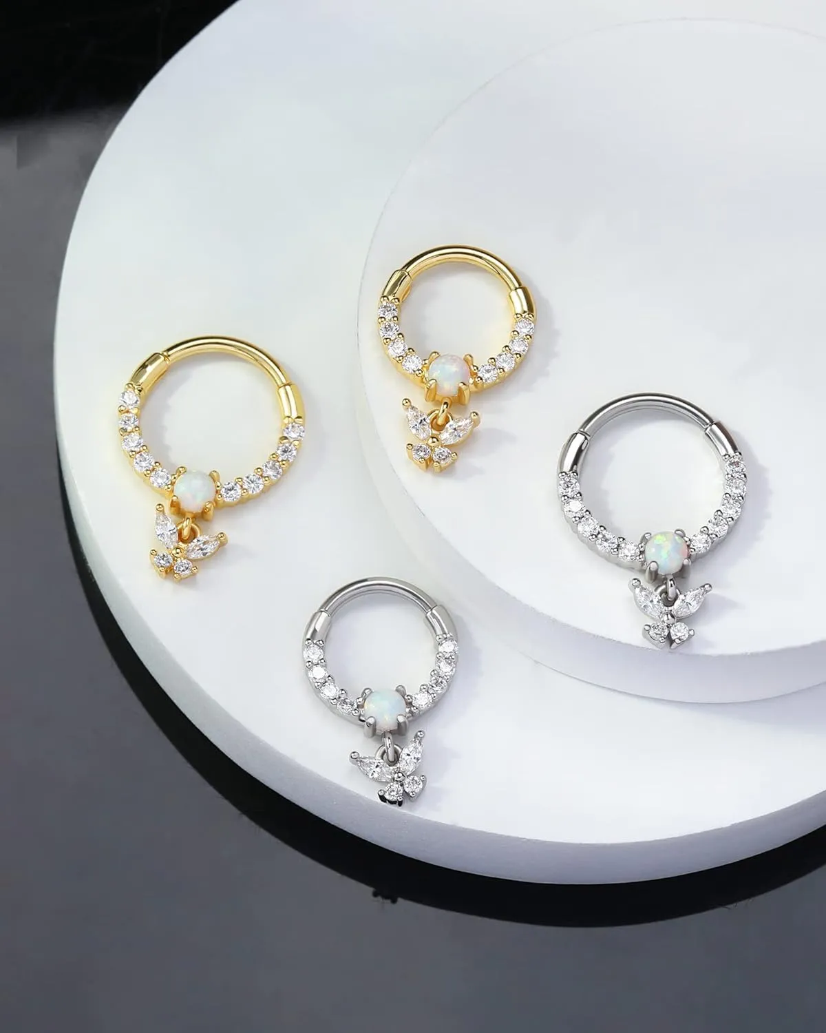 Jewseen 16G Dangle Septum Rings Butterfly Septum Jewelry CZ Septum Piercing Jewelry Opal Hinged Segment Ring Daith Piercing Jewelry Cartilage Helix Conch Piercing Jewelry for Women Men