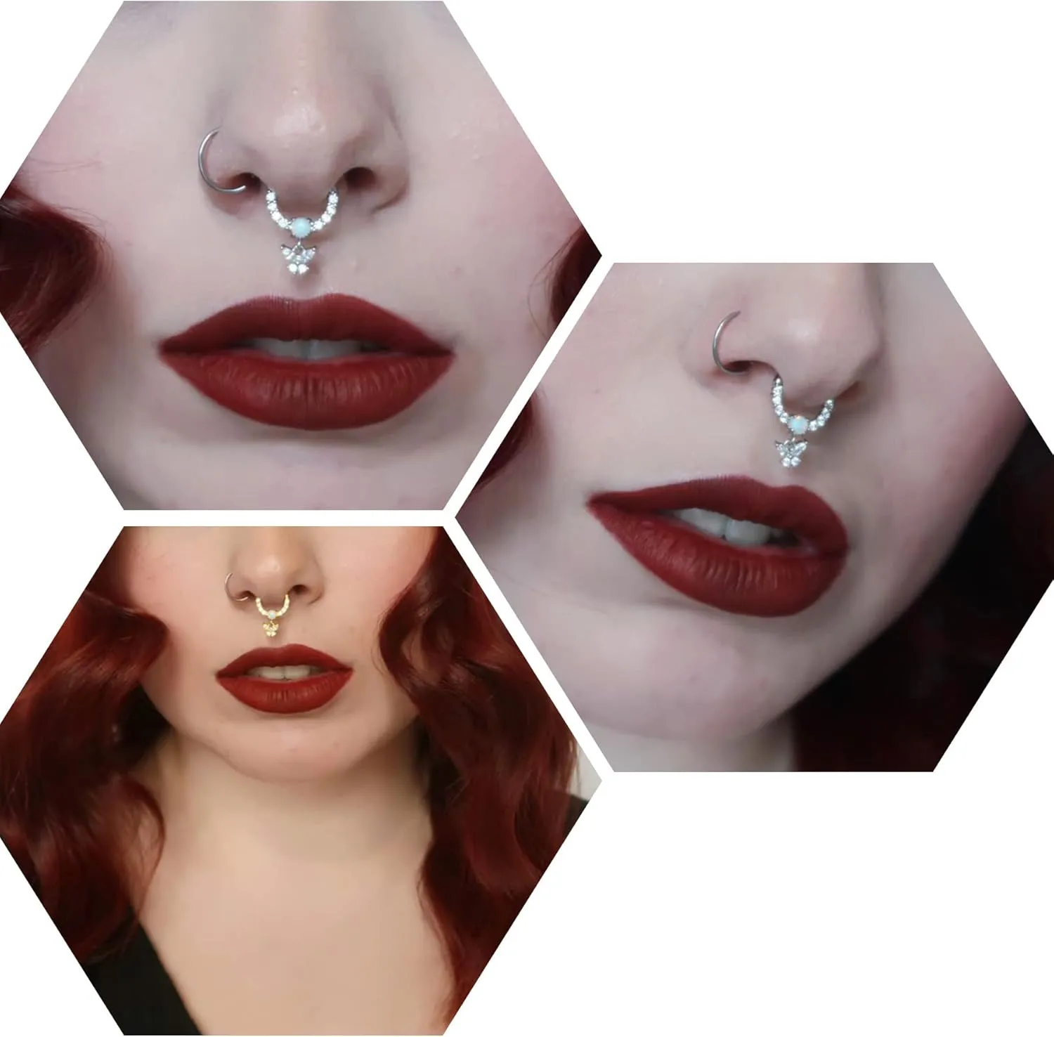 Jewseen 16G Dangle Septum Rings Butterfly Septum Jewelry CZ Septum Piercing Jewelry Opal Hinged Segment Ring Daith Piercing Jewelry Cartilage Helix Conch Piercing Jewelry for Women Men