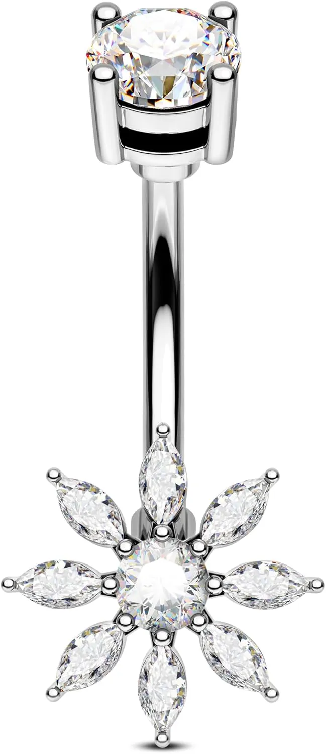 Jewseen Sunflower Belly Button Ring Floral Belly Button Piercing Surgical Steel Belly Piercing Jewelry CZ Navel Ring Navel Barbell Curved Barbell Body Piercing Jewelry for Women