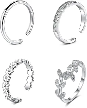 JFORYOU Toe Rings for Women Adjustable Open Toe Rings with Anklet Set CZ Flower Toes Ring for Summer Beach Foot Jewelry