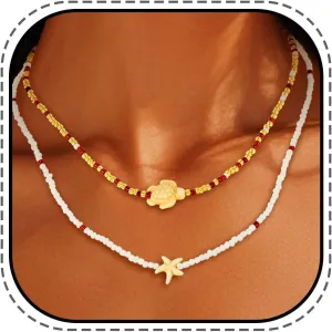 JONKY Layered Beaded Necklace Boho Starfish Charms Necklace Beach Summer Neck Chain for Women
