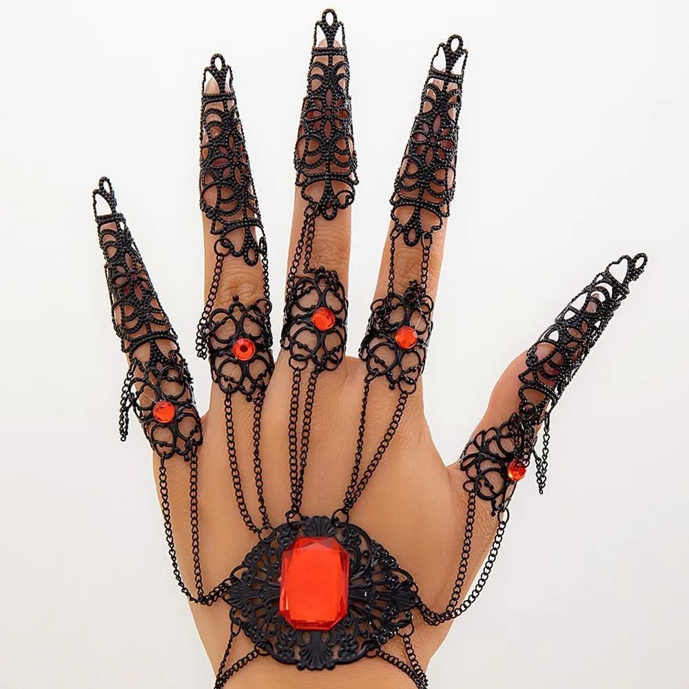 Jumwrit Bracelet with Finger Nails Hollow Tip Claw Rings Ancient Queen Halloween Cosplay Indian Egyptian Belly Dance Bracelet Shiny Rhinestone Tassel Layered Hand Chain Accessories for Women