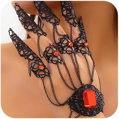 Jumwrit Bracelet with Finger Nails Hollow Tip Claw Rings Ancient Queen Halloween Cosplay Indian Egyptian Belly Dance Bracelet Shiny Rhinestone Tassel Layered Hand Chain Accessories for Women