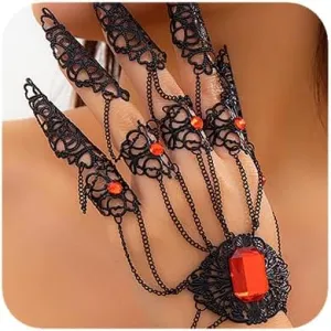 Jumwrit Bracelet with Finger Nails Hollow Tip Claw Rings Ancient Queen Halloween Cosplay Indian Egyptian Belly Dance Bracelet Shiny Rhinestone Tassel Layered Hand Chain Accessories for Women