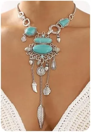 Jumwrit Chunky Chain Choker Layered Necklace Statement Long Curved Coin Tassel Pendant Necklace Vintage Bohemian Ethnic Hip Hop Costume Necklace Punk Accessories for Women