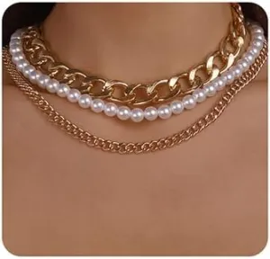 Jumwrit Layered Choker Necklace for Women Boho Pearl Chunky Cuban Link Chain Necklace Punk Necklace Accessories(Gold)