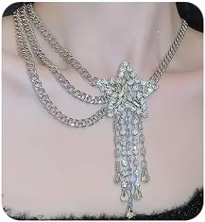Jumwrit Silver Layered Choker Necklace Dainty Circle Cuban Link Chain Necklace Big Rhinestone Star Necklace Chain Tassel Teardrop Pendant Necklace Statement Chunky Necklace for Women