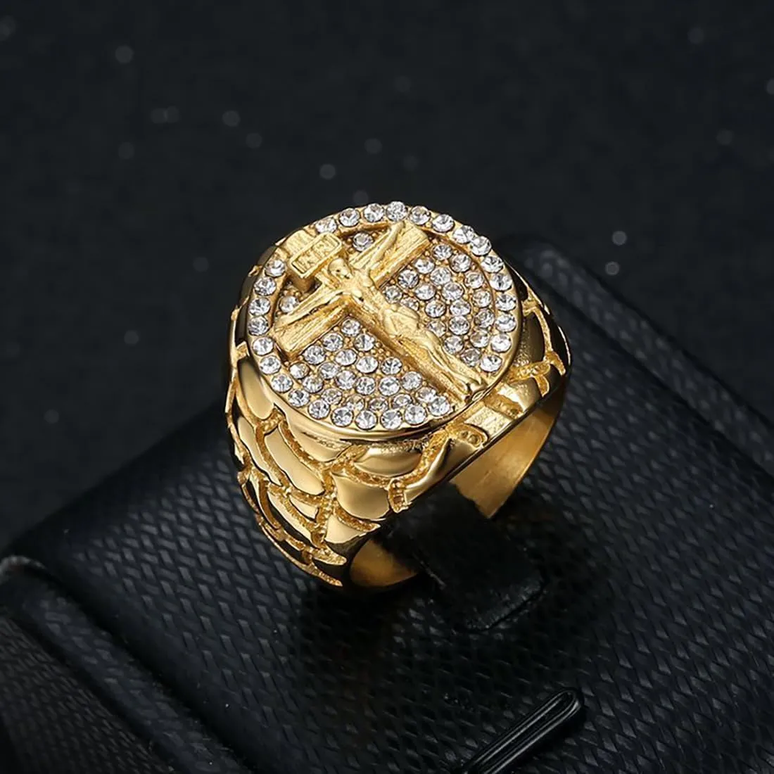 JWM Stainless Steel Jesus Cross Rings Golden Large Rings for Men Women Adults, Cocktail Party Rings, Delicate Packaging