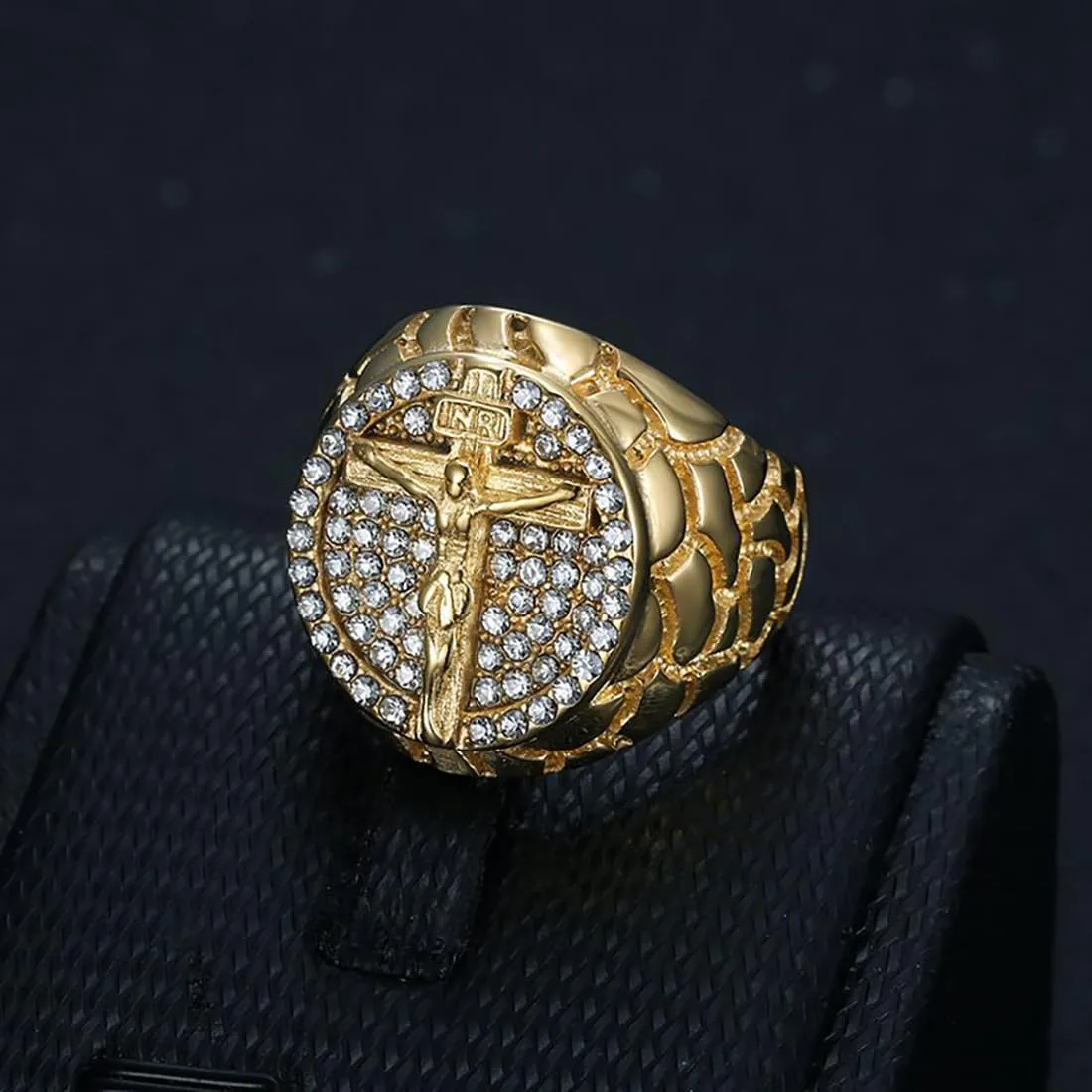JWM Stainless Steel Jesus Cross Rings Golden Large Rings for Men Women Adults, Cocktail Party Rings, Delicate Packaging
