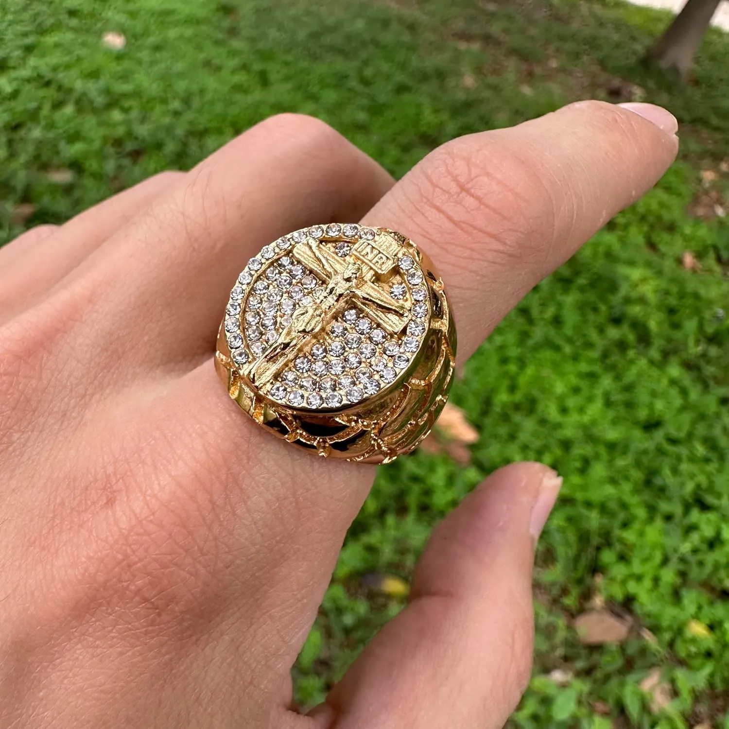 JWM Stainless Steel Jesus Cross Rings Golden Large Rings for Men Women Adults, Cocktail Party Rings, Delicate Packaging