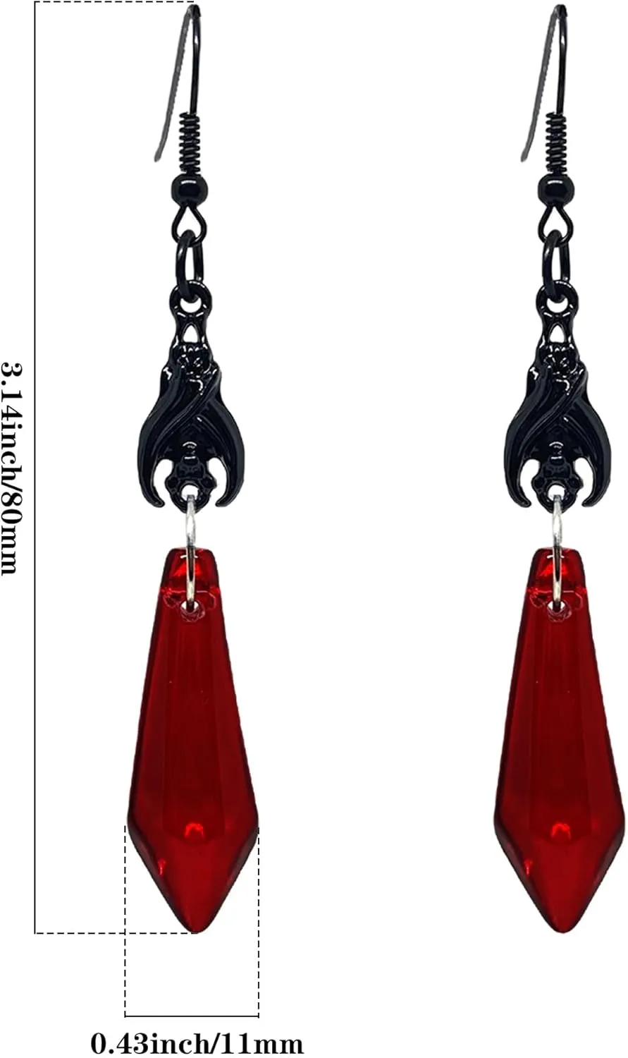 KaFu Gothic Bat Earrings for Women Unique Red Black Crystal Gems Bat Earrings Punk Rock Style Dark Bat Animal Dangle Drop Earrings Halloween Costumes Jewelry