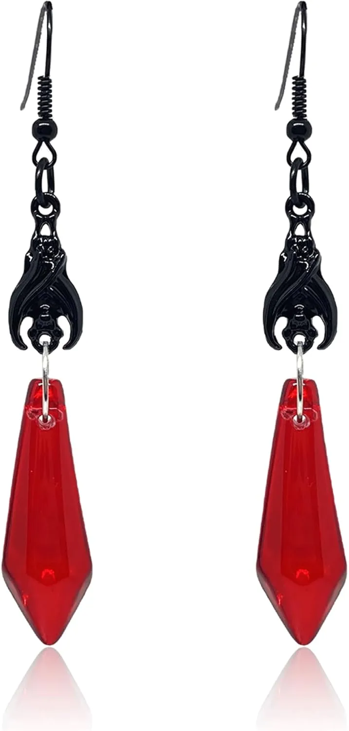 KaFu Gothic Bat Earrings for Women Unique Red Black Crystal Gems Bat Earrings Punk Rock Style Dark Bat Animal Dangle Drop Earrings Halloween Costumes Jewelry