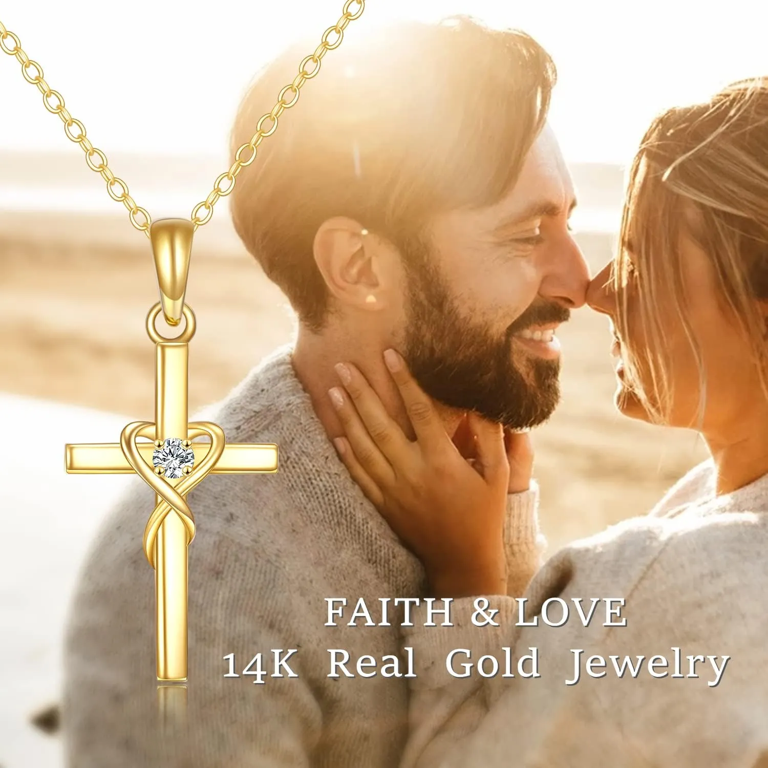 KECHO 14K Solid Gold Cross Necklace for Women Delicate Gold Diamond Heart Cross Pendant Necklace Religious Jewelry Mothers Day Gifts for Wife Mom