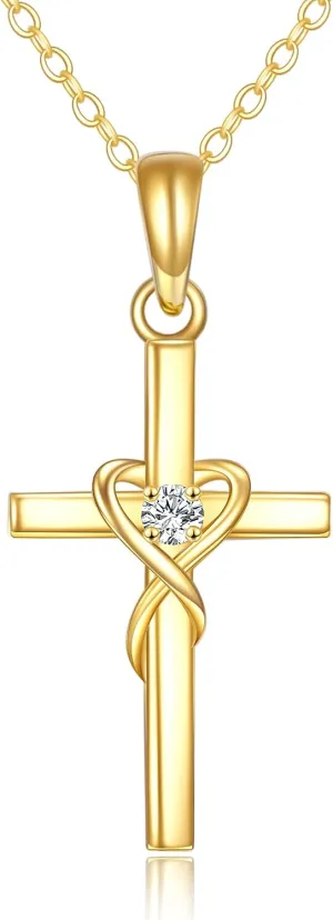 KECHO 14K Solid Gold Cross Necklace for Women Delicate Gold Diamond Heart Cross Pendant Necklace Religious Jewelry Mothers Day Gifts for Wife Mom