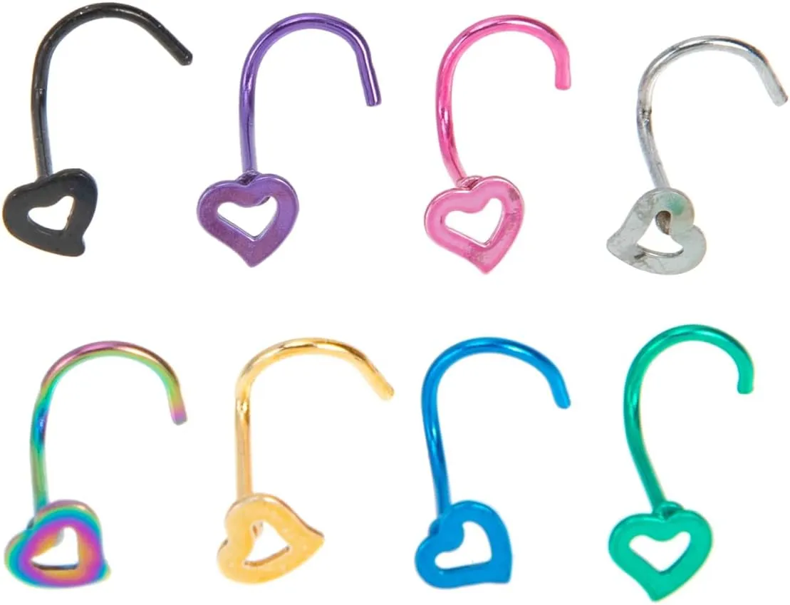 KESYOO 8Pcs Stainless Steel Heart Shaped Nose Rings Nose Piercing Jewelry for Women Studs Black Blue Pink Green Purple Gold