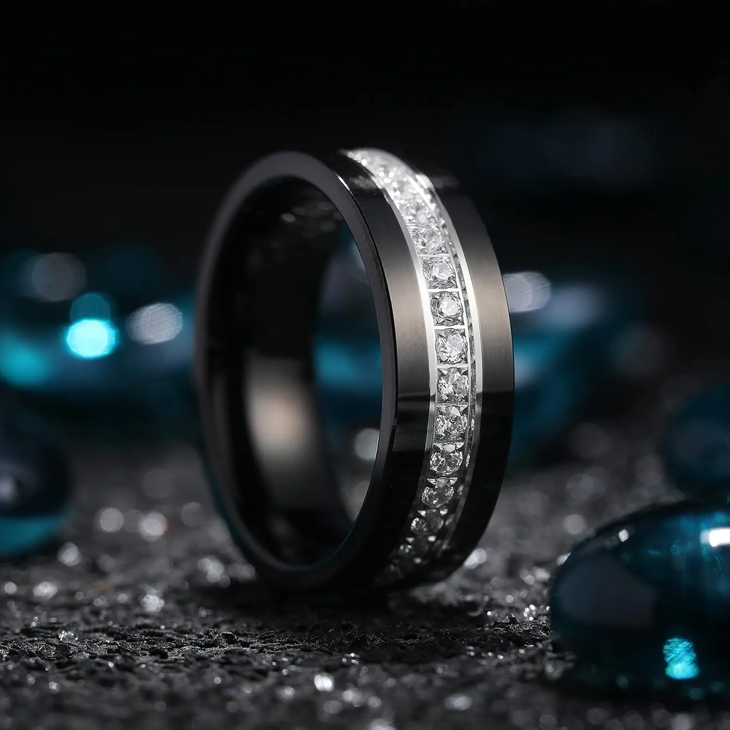 King Will Mens Tungsten Wedding Band with Cubic Zircon Inlay 7mm/8mm Flat Cut Comfort Fit Engagement Rings