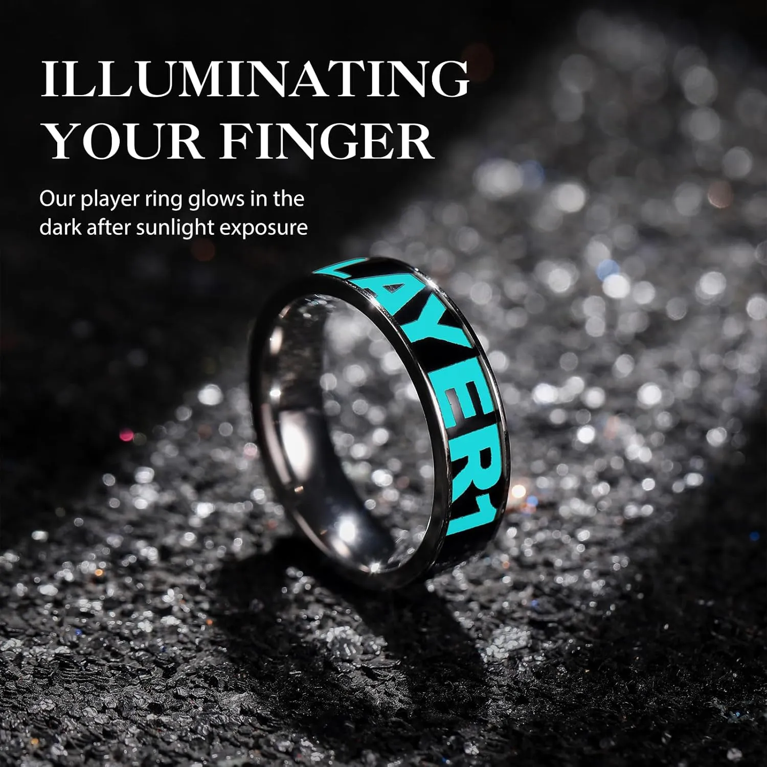 King Will Titanium Wedding Ring for Men Blue/Green Game Player 1/2 Glow-in-the-dark Ring for Couple Luminous Ring Gift for Him 6mm Width