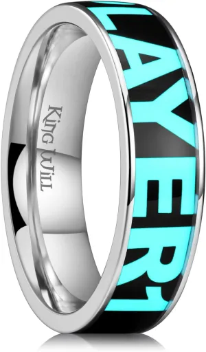 King Will Titanium Wedding Ring for Men Blue/Green Game Player 1/2 Glow-in-the-dark Ring for Couple Luminous Ring Gift for Him 6mm Width