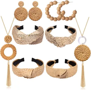 Knotted Rattan Headband Boho Braid StrawKnotted Rattan Headband Boho Braid Straw Top Knot Hairband Earrings Necklace for Women Girls Summer Raffia Hair Accessories