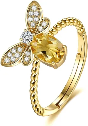 Kokoma Cute Bee Ring for Women Cubic Zirconia Honeybee Open Statement Rings Engagement Eternity Promise Ring Adjustable Band 14K Gold Plated