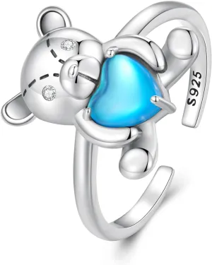 Kokoma Cute Cuddle Bear Open Statement Rings 925 Sterling Silver Blue Crystal Heart Eternity Ring Engagement Promise Rings Adjustable Finger Band Dainty Jewelry Gifts Daughter Birthday