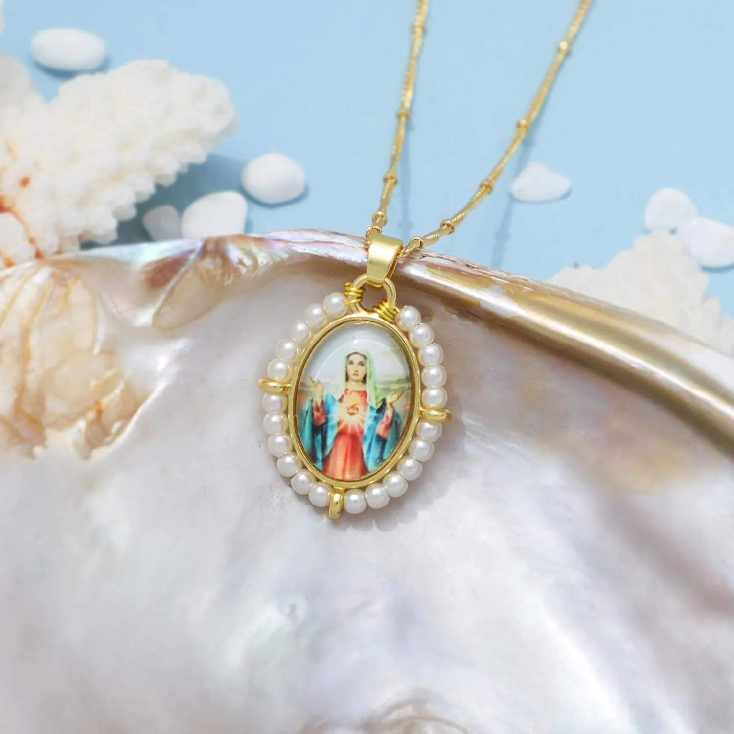 KOMI Virgin Mary Jesus St Michael Pendant Necklace for Women Dainty 18K Gold Plated Saint Medal with Pearl Protection Necklace Catholic Religious Jewelry