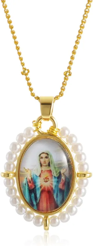 KOMI Virgin Mary Jesus St Michael Pendant Necklace for Women Dainty 18K Gold Plated Saint Medal with Pearl Protection Necklace Catholic Religious Jewelry