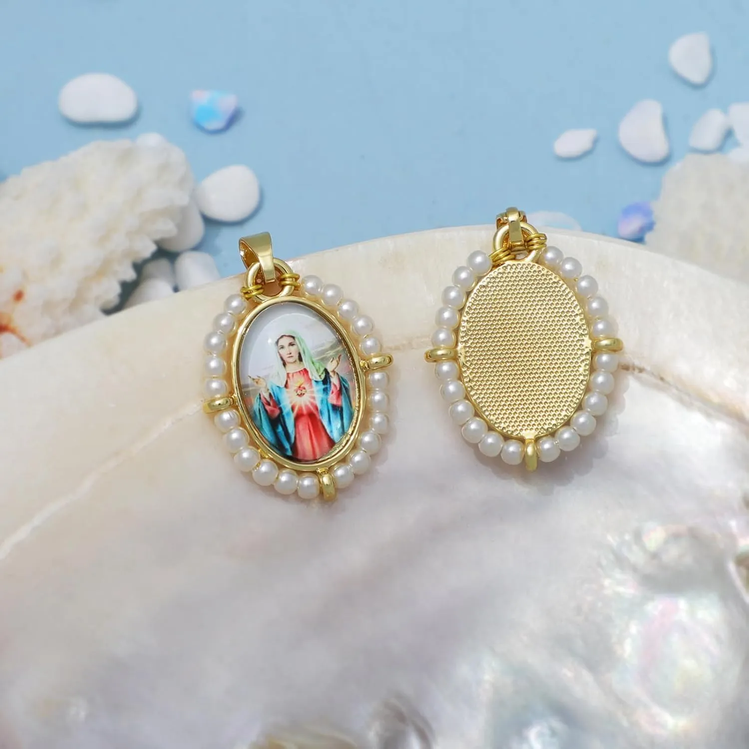 KOMI Virgin Mary Jesus St Michael Pendant Necklace for Women Dainty 18K Gold Plated Saint Medal with Pearl Protection Necklace Catholic Religious Jewelry