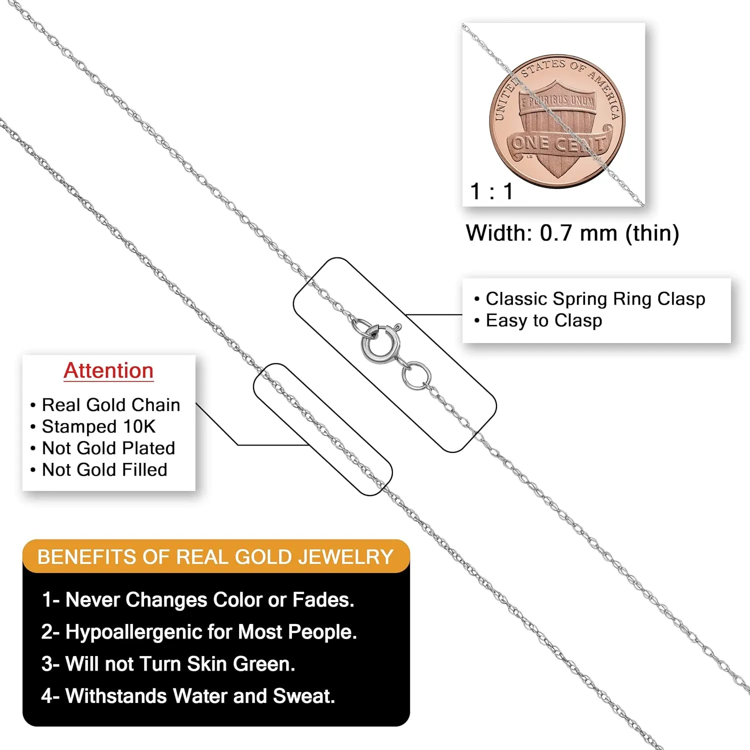 Kooljewelry 10k White Gold Delicate Lightweigtht Thin Rope Chain Necklace For Women (14, 16, 18, 20, 24 or 30 inch - 0.7 mm)