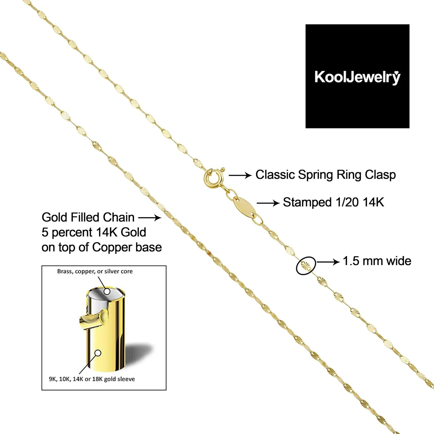 Kooljewelry 14k Yellow Gold Filled Or White Gold Filled 1.5mm Mirror Link Chain Necklace For Women (14, 16, 18, 20, 22, 24 or 30 inch)
