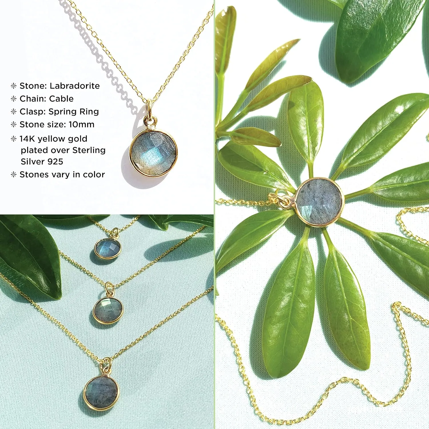 Labradorite Necklace Crystal, Handmade Jewelry, March Birthstone Gift, Healing Throat Chakra Protector, Sterling Silver Necklace plated Gold, Natural Gemstone Boho Necklace, 18 inch long