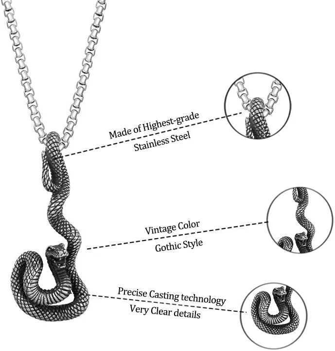 LAOYOU Punk Goth Necklace for Men and Women, Stainless Steel Snake Biker Skull Hiphop Gothic Pendant Necklaces Jewelry Gifts for Boys Teen, Black Retro Gold
