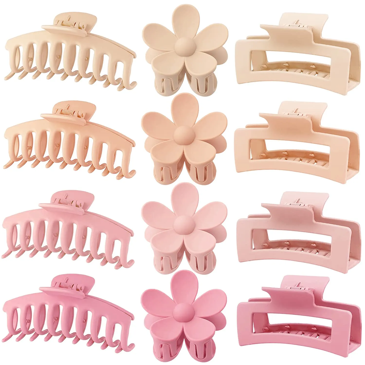 Large Hair Claw Clips 12 Pack, Flower Hair Clips for Thin Hair, Big Square Matte Strong hold for Thick Hair, 3 Styles Hair Clips for Women Thick Hair Pink Colors