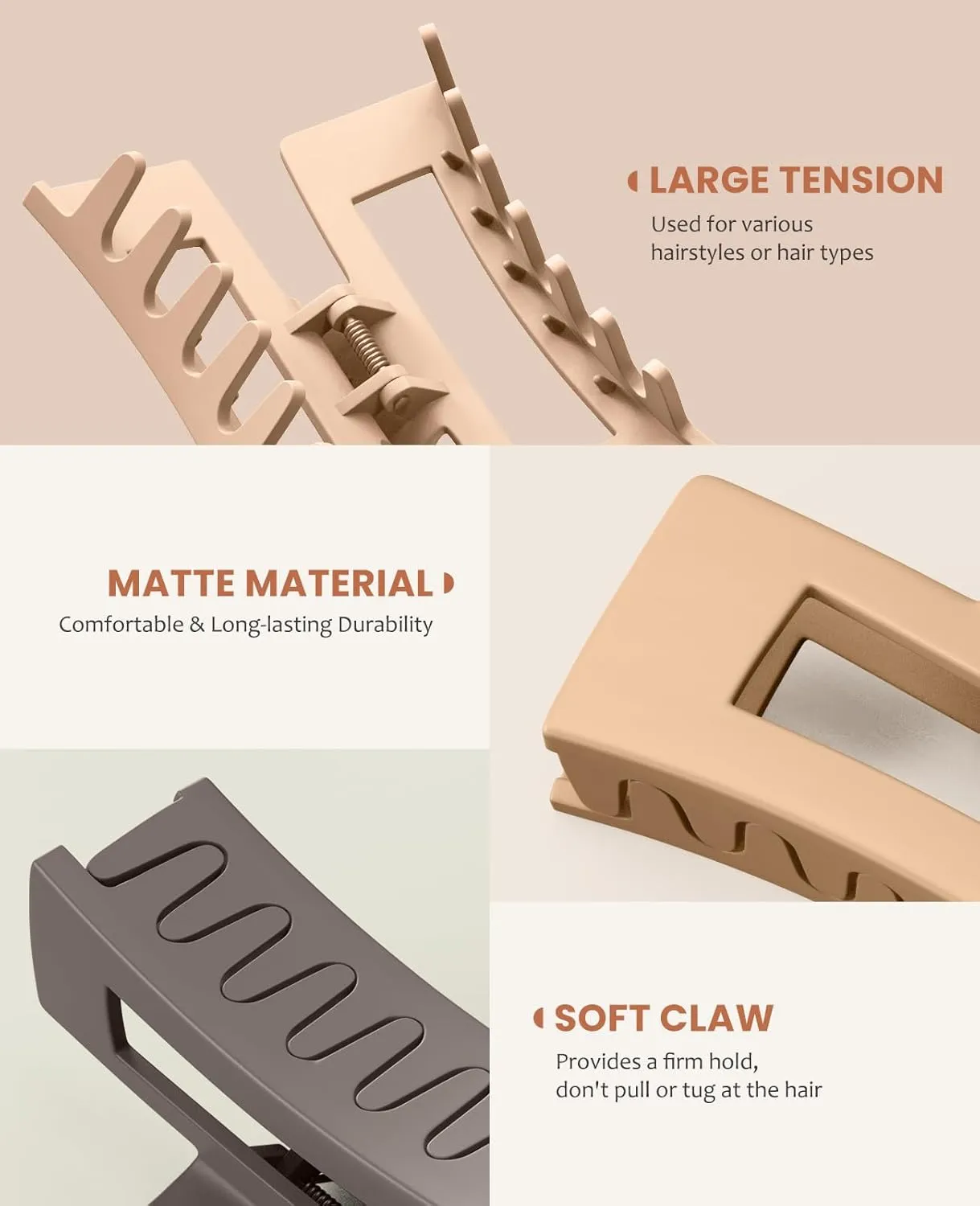 Large Matte Square Nonslip Hair Claw Clips, 4.75" Strong Hold Big Neutral Hair Accessories for Long Hair for Women and Girls (8 Pack)