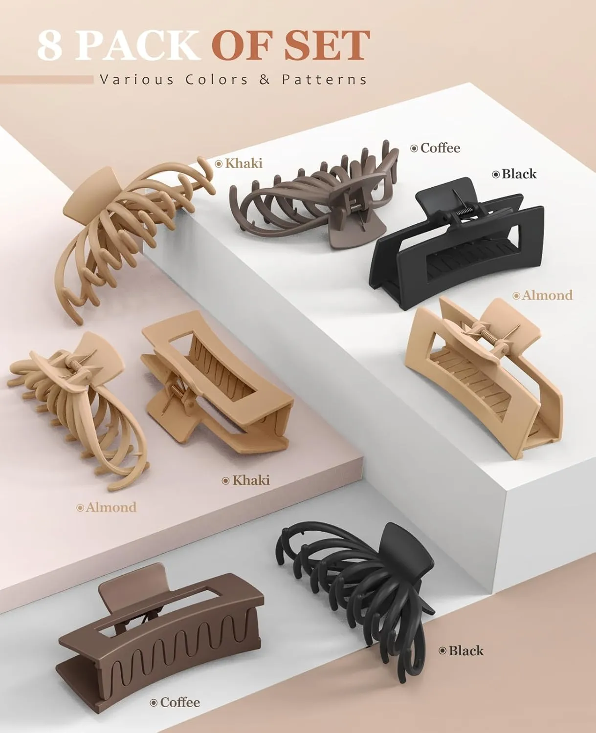 Large Matte Square Nonslip Hair Claw Clips, 4.75" Strong Hold Big Neutral Hair Accessories for Long Hair for Women and Girls (8 Pack)