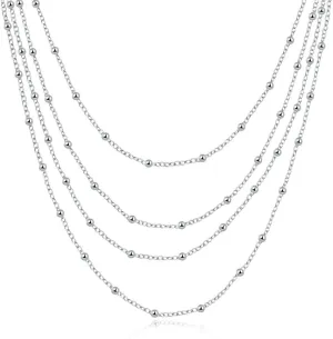 Layered Choker Necklace for Women 4 Tier Long Chain Silver Plated Bead Chain Adjustable Multilayer Necklace Waterfall Multi-Strand Chains Statement Collar Necklace with Dress Accessories