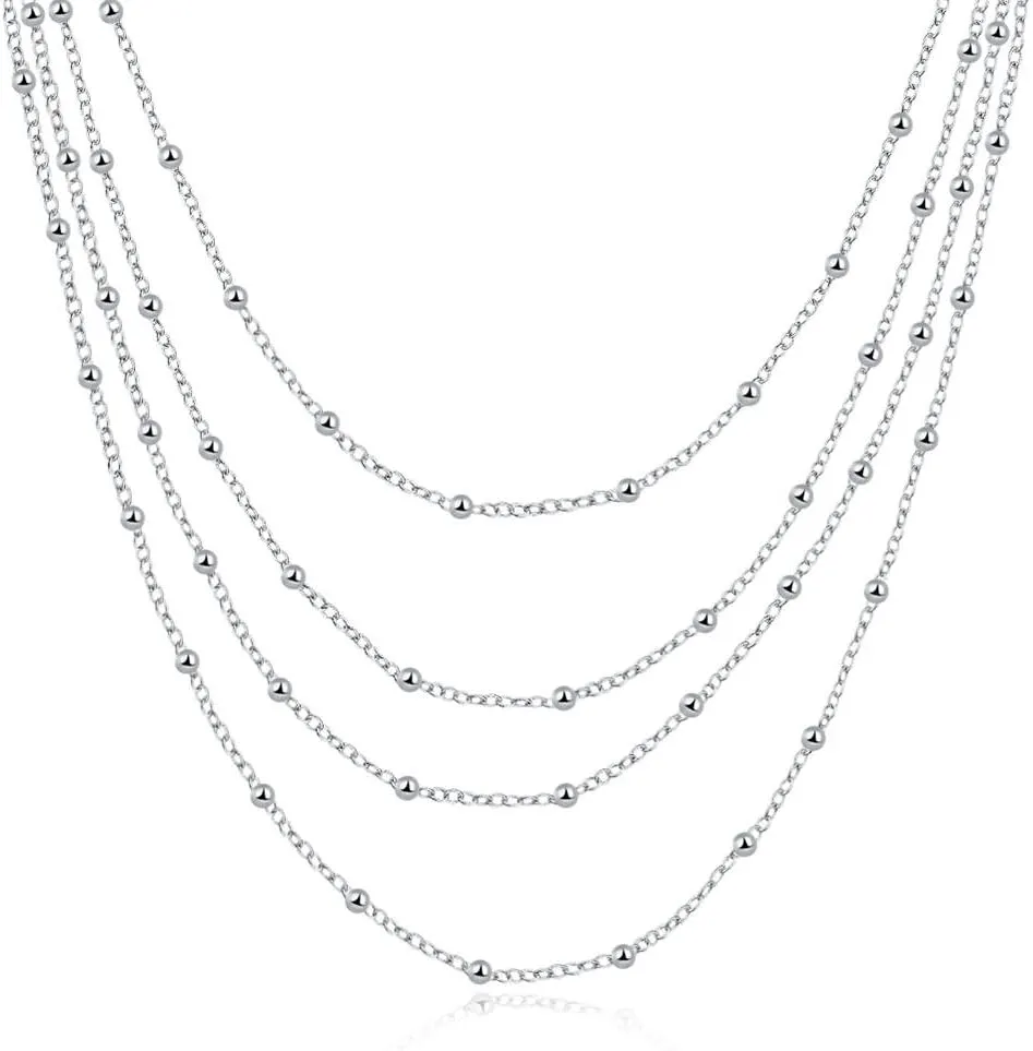 Layered Choker Necklace for Women 4 Tier Long Chain Silver Plated Bead Chain Adjustable Multilayer Necklace Waterfall Multi-Strand Chains Statement Collar Necklace with Dress Accessories