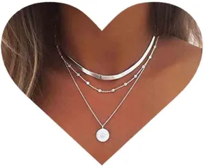 Layered Coin Disc Necklace Choker Silver Snake Chain Necklace Vintage Satellite Chain Necklace Engraved Coin Pendant Necklace for Women